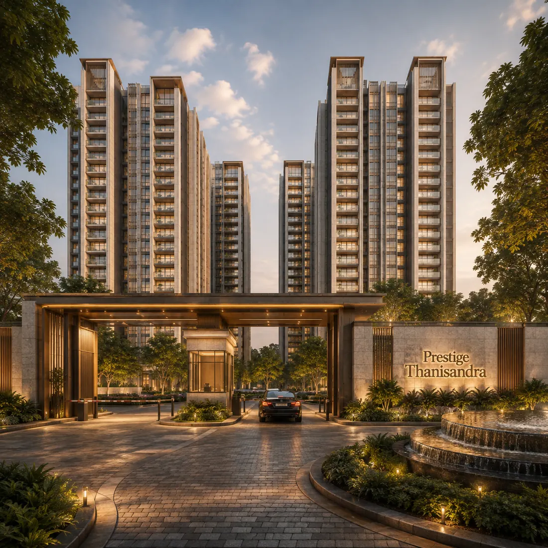 Entrance gateway and arrival plaza at Prestige Thanisandra