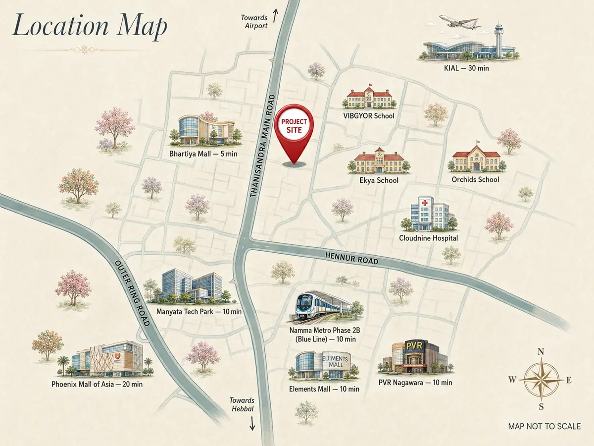 Location map — Prestige Thanisandra on Thanisandra Main Road, with drive times to Manyata Tech Park, Namma Metro Phase 2B, Bhartiya Mall, Elements Mall, Phoenix Mall of Asia, VIBGYOR, Ekya, Orchids, Cloudnine Hospital and Kempegowda International Airport